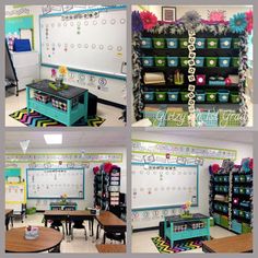 four different pictures of the classroom with desks and chairs