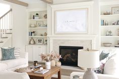 a living room filled with furniture and a fire place in front of a white wall