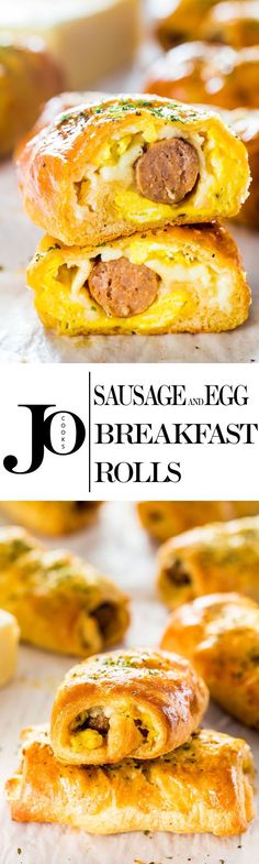 sausage and egg breakfast rolls are stacked on top of each other with the words, sausage and egg breakfast rolls