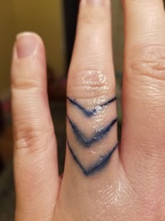 a person's hand with a ring on it and blue waves painted on the middle finger