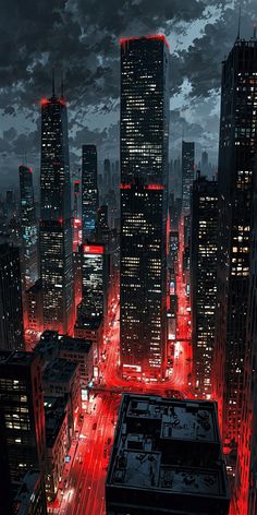 an aerial view of a city at night with red lights and skyscrapers in the background