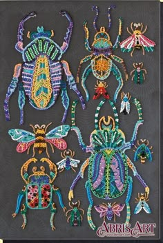 beaded bugs and insects are displayed on a black background