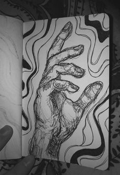 a drawing of two hands holding each other in black and white, with an abstract background