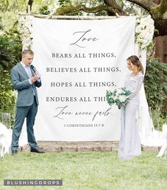 Love Never Fails Bible Verse Wedding Backdrop Love Never Fails Bible Verse, Bible Verse Wedding, Christian Wedding Ideas, Wedding Bible Verses, Tapestry Backdrop, Sunflower Wedding Decorations, Photo Booth Backdrop Wedding, Wedding Bible