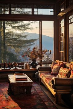 Fall-themed home office with a panoramic view of the Himalayan monasteries. Sanctuary Home, Modern Mystic, The Himalayas