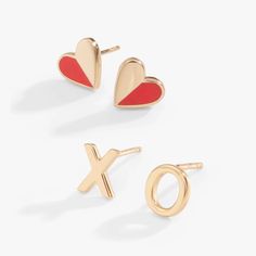 Heart 'XO' Stud Earrings, Set of 2 | ALEX AND ANI Xo Stud Earrings, Red Heart Earring Stud, Alex And Ani Silver Bracelets, Heart-shaped Cubic Zirconia Earrings For Valentine's Day, Alex And Ani Bangles, How To Clean Metal, Soft Toothbrush, Love Hug, Hugs And Kisses