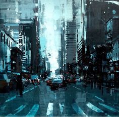 a painting of a city street filled with cars and tall buildings in the distance,