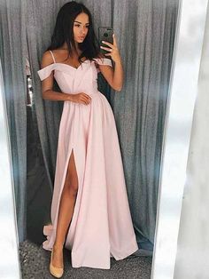 Key Features: SKU:BC1723Season: Spring,Summer,Fall,WinterFabric: SatinNeckline: Off-the-ShoulderSilhouette: A-Line/PrincessSleeve: SleevelessEmbellishment: RufflesWaist: NaturalBack Style: OtherHemline/Train: Sweep/Brush TrainShown Color:... Gray Formal Dress, Split Prom Dresses, Grey Prom Dress, Skirt Diy, Robes D'occasion, Evening Dress Long, Prom Dresses Long Pink, Winter Formal Dresses, Pink Evening Dress