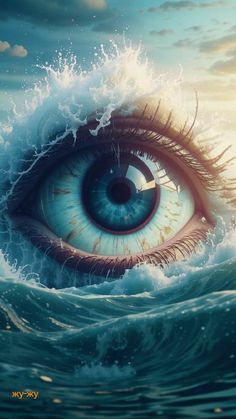 an eye in the ocean with waves coming out of it's iris and sky