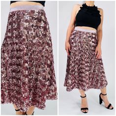 This Is A Beautiful Sequined Skirt From Anthropologie. It Is A Size 4 (Please Review Measurements Via Photos) And Is In New Condition With Tags. The Skirt Is A Midi Length And Has A Rose Pink Sequin Embroidery Design. It Is Perfect For A Night Out Or A Special Occasion. The Skirt Is Made Of Polyester And Has A Lined Interior. It Is A Great Piece For Any Wardrobe. Featured And Sold Separately: For Love And Lemons Ruffle Front Halter Open Back Top Steve Madden Suede Heel Sandals Glamorous Flowy Lined Skirt, Glamorous Spring Pleated Skirt, Glamorous Flowy Midi Skirt, Glamorous Summer Flared Skirt, Glamorous Long Skirt For Summer, Summer Midi Skirt With Sequins, Fitted Flared Skirt With Sequins, Party Season Midi Skirt With Lined Detail, Glamorous Lined Midi Skirt