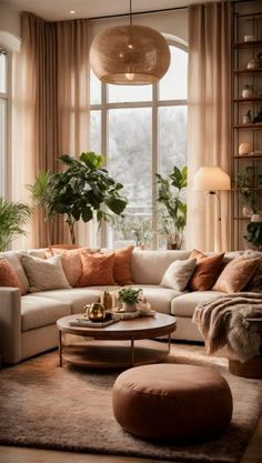 a living room filled with furniture and large windows