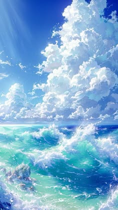 an ocean scene with waves crashing on the shore and clouds in the sky above it