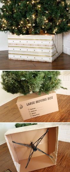 an open cardboard box sitting on top of a wooden floor next to a christmas tree