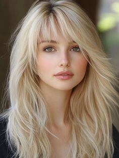 Fringe Inspo Long Hair, Long Blonde With Fringe, Haïr Cut Bangs Layers, Blonde Wavy Hair Bangs, Wispy Face Framing Bangs Straight Hair, Long Bangs Diy, Light Bangs Long Hair, Wing Bangs, Type Of Bangs For Women