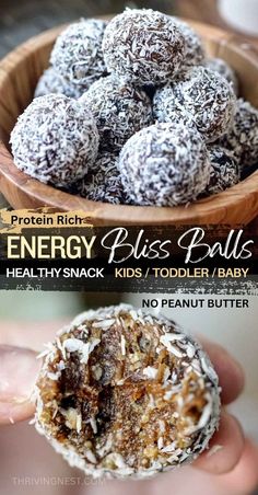 a person holding a chocolate energy bliss ball in their left hand and another photo of the same