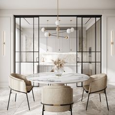 an elegant dining room with marble table and chairs