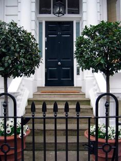 two potted trees sitting in front of a black door on a white building with steps