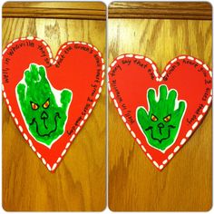 Grinch Art. Green Handprints, then draw his face on them. I also wrote the quote "Well, in Whoville they say that the Grinch's small heart grew THREE sizes that day". Grinches Heart Grew 3 Sizes, Grinch Projects For Kids, The Grinch Preschool Activities, Grinch Heart Craft, Grinch Day Preschool Activities, Grinch Day Preschool, Grinch Heart Grew Three Sizes, Grinch Day Kindergarten, Grinch Day At School Activities