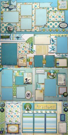 a collage of scrapbook pages with blue and green accents