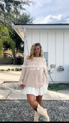 Sweater, dress, and boots combo! White Dress And Sweater Outfit, Fall Outfits Sweater Dress, White Dress With Sweater Outfit, Cowboy Boots Sweater Dress, November Dress Outfits, Fall Dress Inspo Outfits, White Dress For Fall, Dress Under Sweater Outfit, Pearl Boots Outfit