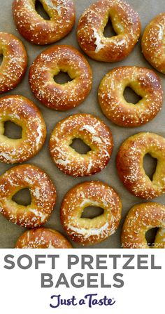 Top-down view of Easy Soft Pretzel Bagels topped with large-flake sea salt above grey writing that says, "Soft Pretzel Bagels" and the purple Just a Taste logo. Pretzel Bagel Recipe, Pretzel Bagels, Soft Pretzel Recipe, Cheese Bagels, Homemade Pretzels, Soft Pretzel, Just A Taste