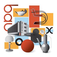 an abstract poster with various objects on it