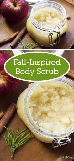 two jars filled with body scrub sitting on top of a wooden table next to apples