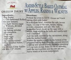 a paper sign with instructions on how to make an amish - style baked oatmeal waffles, raisins and walnuts