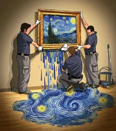 three men painting a starry night on the wall