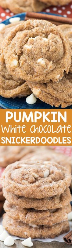 pumpkin white chocolate snickkerdoodle cookies are stacked on top of each other