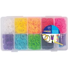 assorted rubber bands in plastic storage box