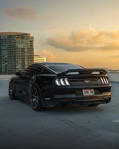 a black mustang parked in front of a tall building with the sun setting behind it