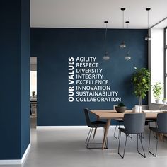 a dining room table with chairs and a wall that has words written on it in different languages