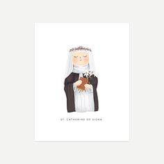 a card with an illustration of a nun holding flowers and the words st cathedine of vienna