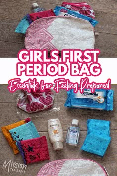 girls'first period bag essentials for feeling prepared, including baby wipes and lotion