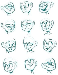 cartoon faces with different expressions for each character in the animated movie, which is drawn by hand