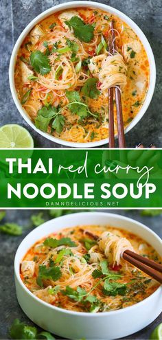 two bowls filled with noodles and garnished with cilantro, parsley and lime