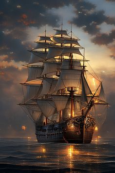 a ship sailing in the ocean at sunset