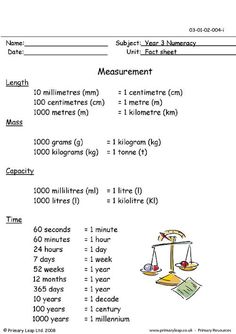 a worksheet with numbers and measurements on it