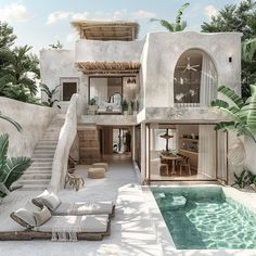 an artist's rendering of a house with a pool in the middle and stairs leading up to it