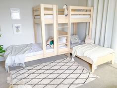 a bedroom with bunk beds and rugs on the floor