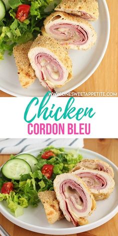 chicken cordon bleu sandwich on a white plate with lettuce and cucumbers