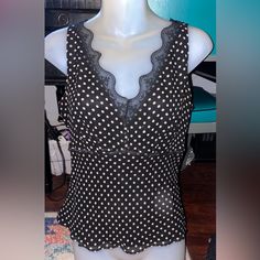 Y2k Babydoll Peplum Tank | Black & White Polka Dots W Black Lace Trim | Size S/M Fitted Polka Dot Top For Night Out, Fitted Cute Polka Dot Tops, Cute Fitted Polka Dot Tops, Fitted Polka Dot Cute Tops, Black Sleeveless Camisole With Lace Patchwork, Coquette Black Summer Tops, Black Coquette Summer Tops, Summer Black Coquette Tops, Cute Polka Dot Sleeveless Top