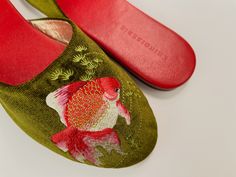 embroidered goldfish velvet mules in olive color Clothes Manifestation, Olive Velvet, Flight Outfit, Luxury Slippers, Embroidered Slippers, Velvet Mules, Mules Women, Fancy Fits, Wedding Slippers