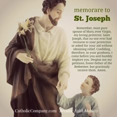 a statue of st joseph holding the hand of a young boy with a flower in it