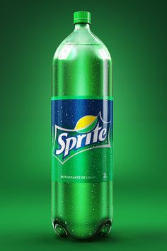 a bottle of sprite soda on a green background