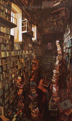 a room filled with lots of books on top of each other and windows above them