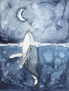 a painting of a whale with a crescent moon above it