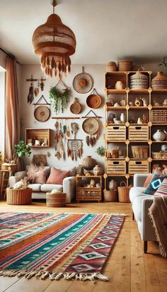 a living room filled with furniture and lots of baskets