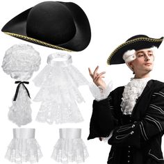 PRICES MAY VARY. Package Include: the costume package includes a colonial style triangle hat, white wig, a lace collar and a pair of shirt cuffs, creating a series of presidential clothing to save your own matching time Reliable Materials: the adult's colonial wig is made of synthetic fiber, the colonial tricorn hat is made of felt material, and the wrinkles on the hat can be ironed; The collar and cuffs are made of polyester and lace, soft and smooth, good for our skin, not easy to fade, and ca Founding Fathers Costume, Colonial Outfit, Colonial Wigs, Colonial Costume, Outfit For Halloween, Tricorn Hat, White Wig, Dress Up Party, Richard Iii